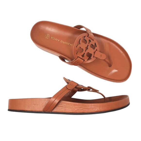 Tory Burch Miller Cloud Thong Sandals Calf Leather Aged Camello Brown Size 9.5 M - Picture 1 of 10